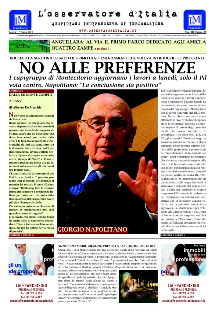 L'osservatore d'Italia edizione del 7 Marzo 2014